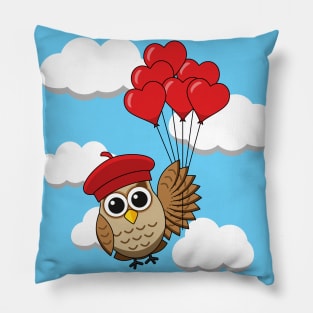 Cute Owl Flying with Heart Balloons in Blue Sky Pillow