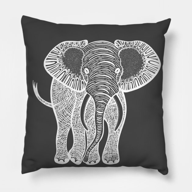 African Elephant Ink Art - on dark colors Pillow by Green Paladin