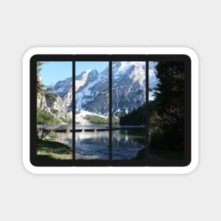 The fabulous alpine lake of Braies in the Dolomites (Bolzano). Lovely place in the Italian Alps. Boats on the water. Reflections in the water. Sunny spring day. Trentino Alto Adige Magnet