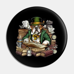 Accountant English Bulldog t-shirt design, a bulldog wearing a green visor and holding a ledger Pin