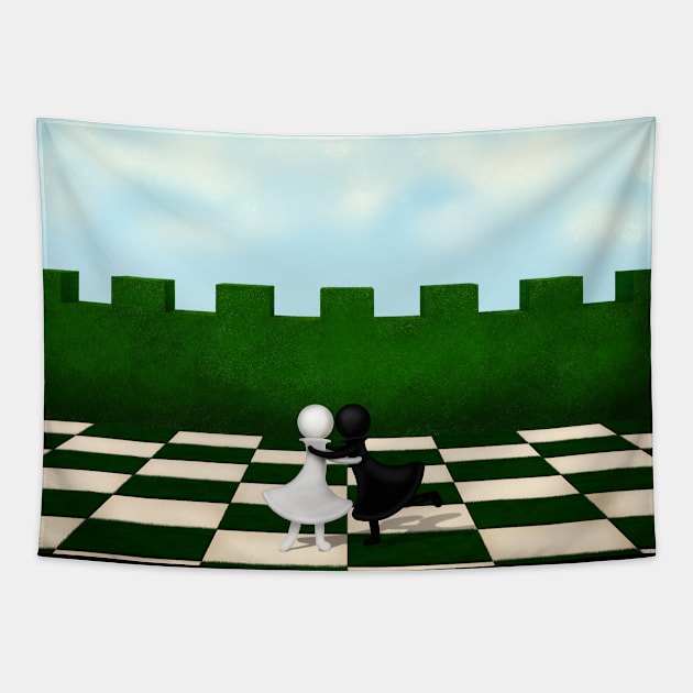 Best Mates Black & White Pawns Hugging on Chessboard Tapestry by Mozartini