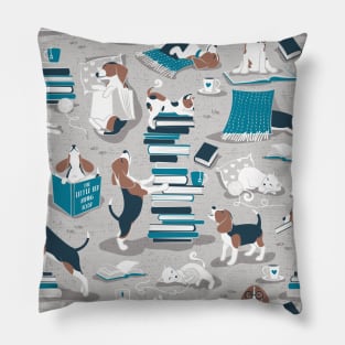 Life is better with books a hot drink and a friend // pattern // grey background brown white and blue beagles and cats and turquoise cozy details Pillow