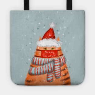 Merry Christmas greeting winter card with cute fluffy cats in red Santa hats and scarves Tote