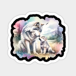 Mother Grey Wolf And Her Cub In Rocky Mountains Painting Magnet