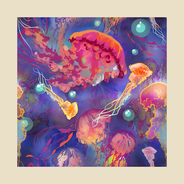 Jellyfish in deep blue water with bright rainbow colors undersea pattern by sandpaperdaisy