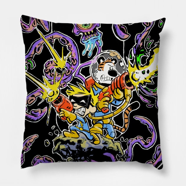 Spaceman Battle Spiff Bros Pillow by SketchbooksTees