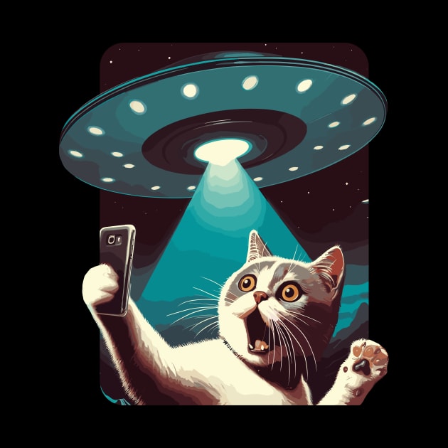 Funny Cat Selfie With UFOs Behind by KromADesign