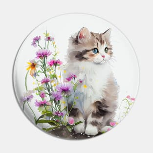 Cute Kitten surrounded with wild flowers. Watercolor Art of Cat Pin