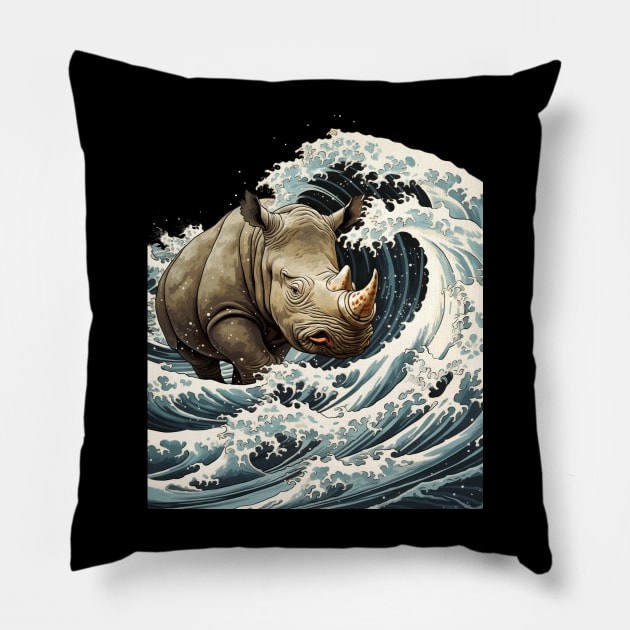 Japanese Kawaii Rhino Great Wave Off Kanagawa Pillow by EVCO Smo