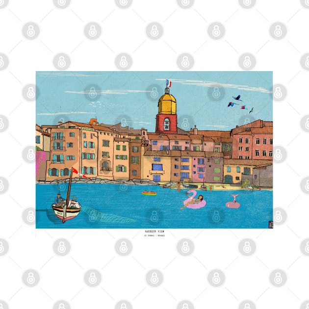 St Tropez Harbour View France Retro Inspired Style Illustration by Wall-Art-Sketch