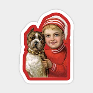 Little boy with Christmas Cap sitting by his pet terrier Magnet