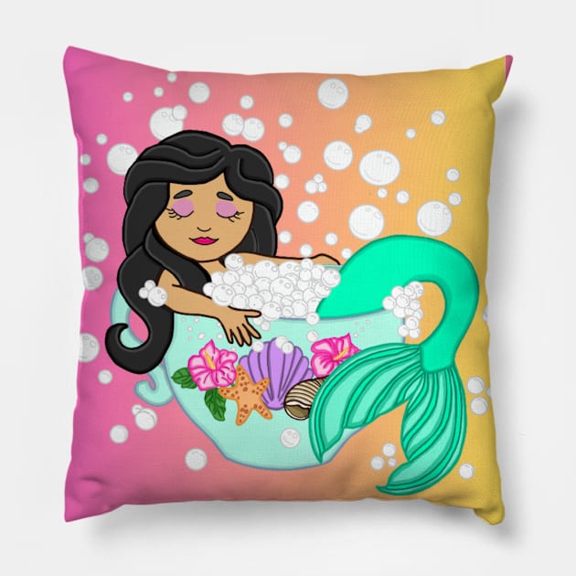 Teacup Mermaid (sunset) Pillow by Octopus Cafe