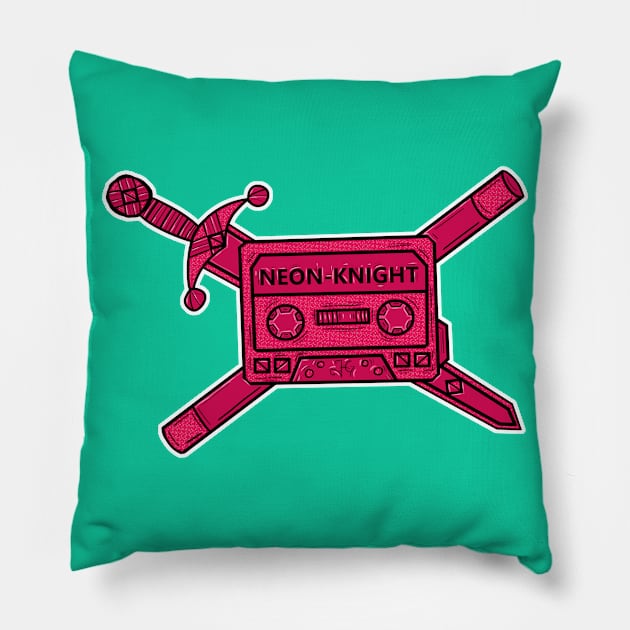 Neon Knight Pink Cassette and Sword Crest Pillow by JonGrin