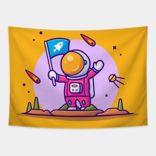 Cute Astronaut Holding Flag On Planet Cartoon Vector Icon Illustration Tapestry