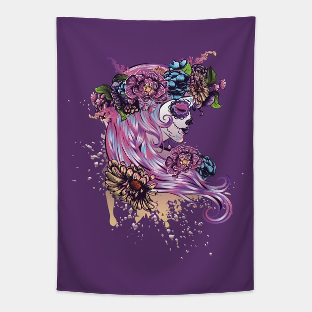 Sugar Skull Girl in Flower Crown Tapestry by AnnArtshock