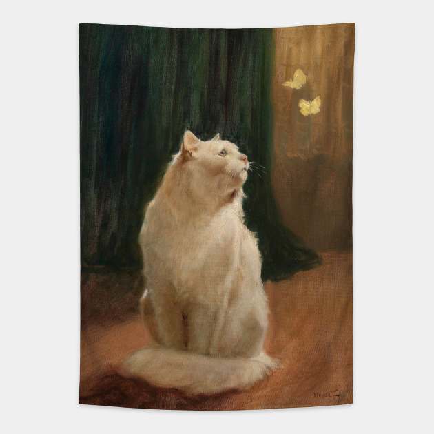 Painting of a white cat looking at butterflies Tapestry by mike11209