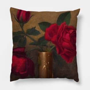 Red Roses in a Japanese Vase on a Gold Velvet Cloth by Martin Johnson Heade Pillow