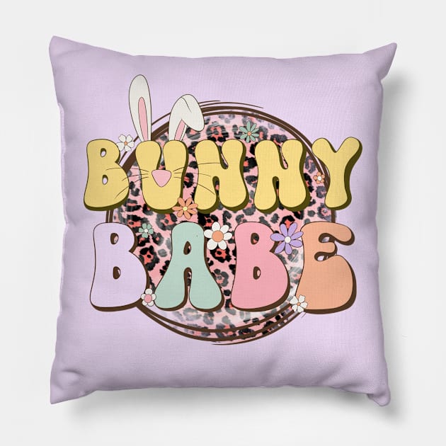 Bunny Babe Leopard Print Groovy Easter 2024 Trendy Pillow by JDVNart