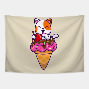 Cute Cat On Ice Cream Cone Cartoon Tapestry