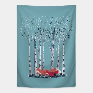 Forest Birches and fox with baby, outdoor and nature lovers, watercolor style Tapestry