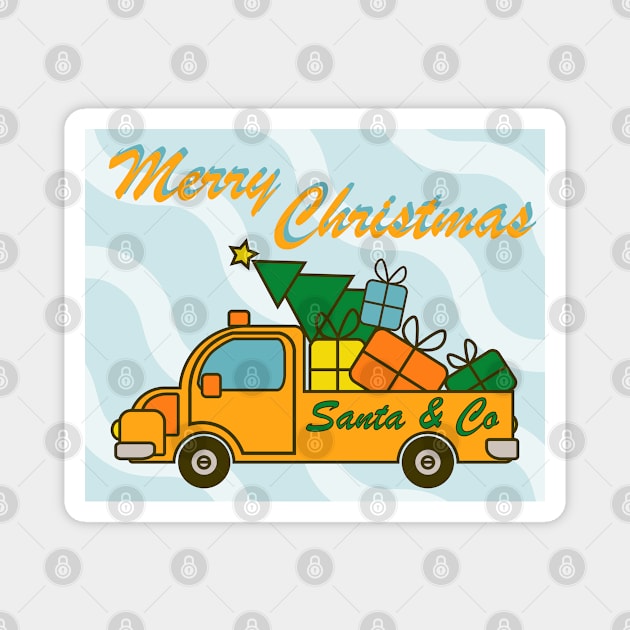 Greeting card with lettering front on yellow Santa truck, presents and Christmas tree Magnet by Cute-Design