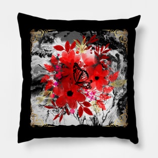 Painted Blooms on Spilled Canvas - Gold and red - black and white Pillow