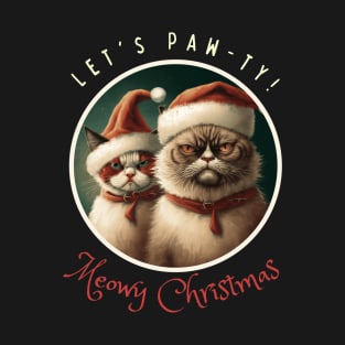 Let's Paw-Ty! Meowy Christmas. Funny Family Christmas Angry Cats With Santa Hat T-Shirt