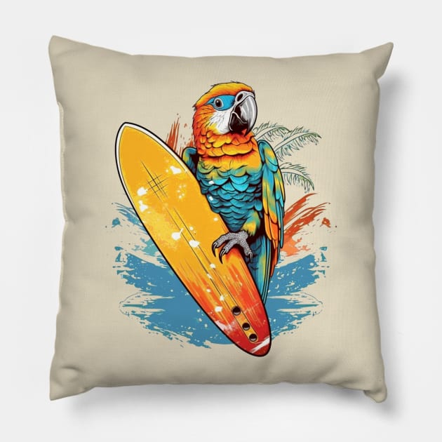 Cool surfing parrot with surfboard Pillow by Unelmoija