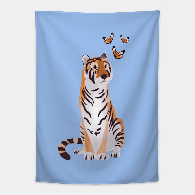 Tiger with butterflies paper cut art illustration on blue background Tapestry by NattyDesigns