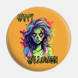 Spooky Zombie Girl Happy Halloween Pin