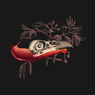 Enigmatic Escargots: Spooky Art Print Featuring Red Snail Donning Raven Skull Shell T-Shirt