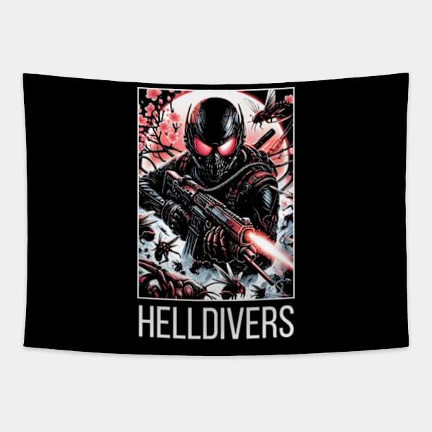 dynamic composition of Helldivers fighting against a swarm of insect-like aliens - fantasy Tapestry by StyleTops