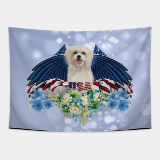Cute dog and squirrel with wings and hat, USA Tapestry