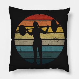 Lifting Weights Silhouette On A Distressed Retro Sunset print Pillow