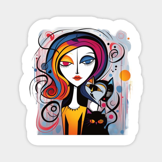 Crazy abstract woman and her cat Magnet by Liana Campbell