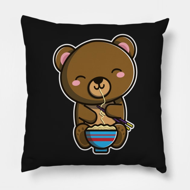 Cute Japanese Bear Eating Ramen Noodle Kawaii Bear for kids design Pillow by theodoros20