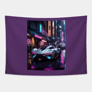 Futuristic car in a cyberpunk neon city Tapestry