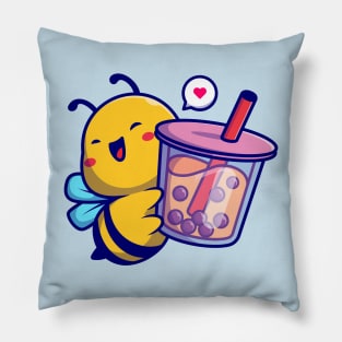 Cute Bee Holding Boba Milk Tea Drink Cartoon Pillow