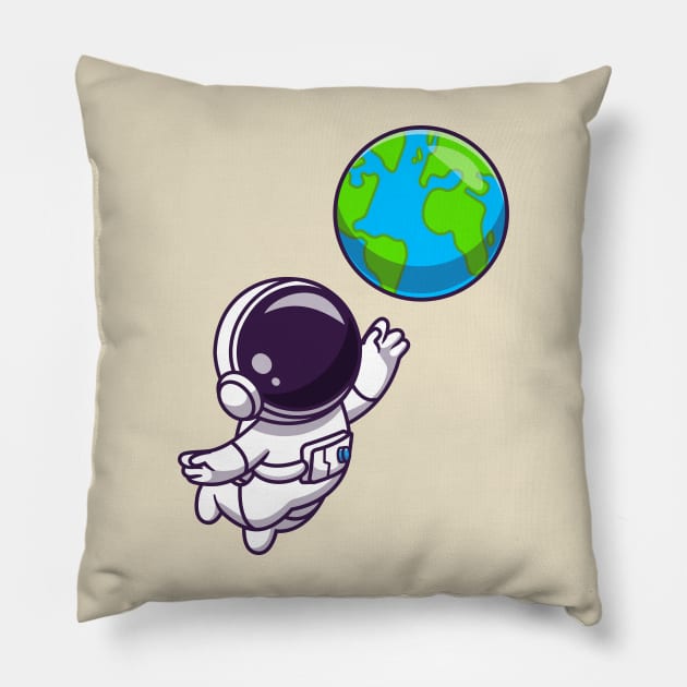 Cute Astronaut Floating With Earth World Cartoon Pillow by Catalyst Labs