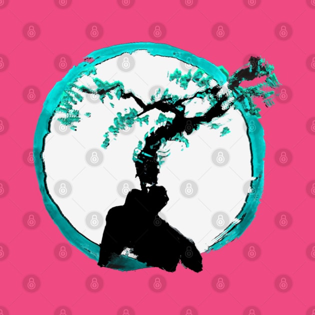 ocean teal tree of life on a enso circle - Sumi inspired Bonsai tree by Trippy Critters