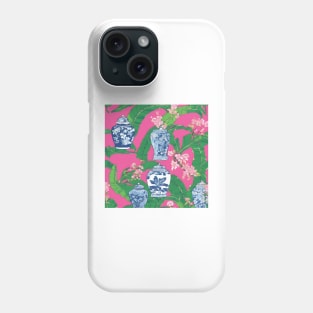 Chinoiserie jars, leaves and cherry blossom on hot pink Phone Case