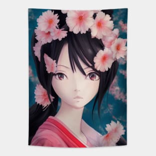 Anime geisha girl with pink flowers Tapestry