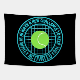 Green tennis players ball with blue saying text Tapestry