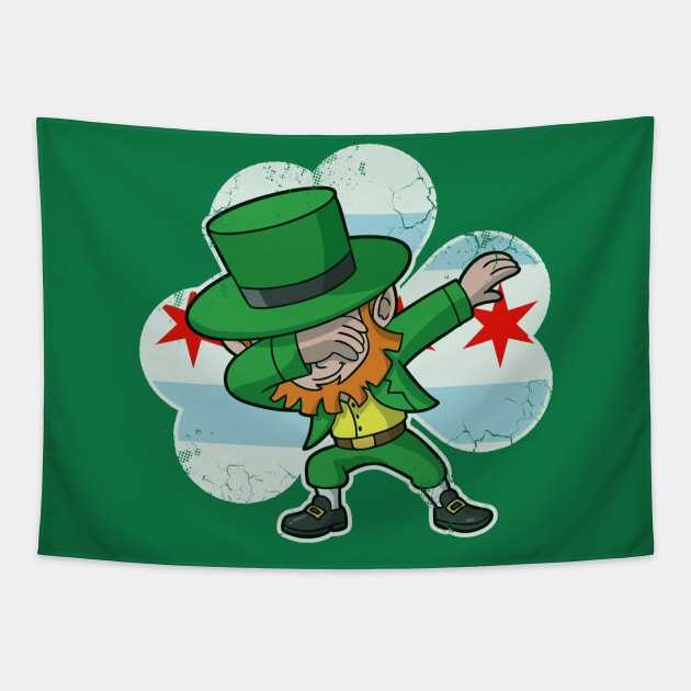 Chicago Flag Irish Shamrock Dabbing Leprechaun Tapestry by E