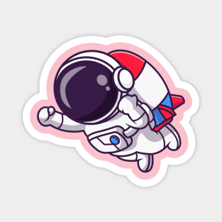 Cute Astronaut Flying With Rocket Cartoon Magnet