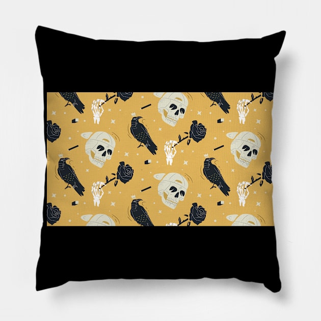 Crows And Skulls Yellow Black Pillow by Bestseller