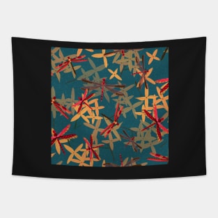 Thailand red dragonflies and ixora flowers on dark blue Tapestry