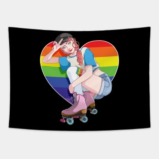 Roller Girl Skater Skates Skating Rainbow Heart Tapestry