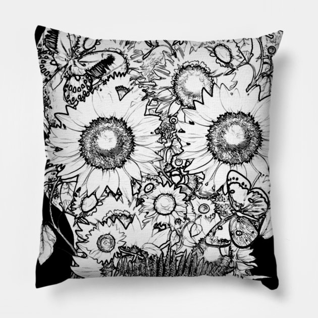 skull design,flowers,skeleton black Pillow by Collagedream