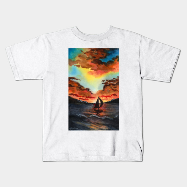 Sunset Ocean Watercolor Hand Painted Print Watercolor Kids T